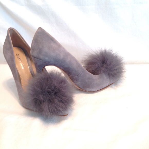 Gianni Bini Shoes - Gianni Bini gray suede fox fur Pom Pom pumps, Used